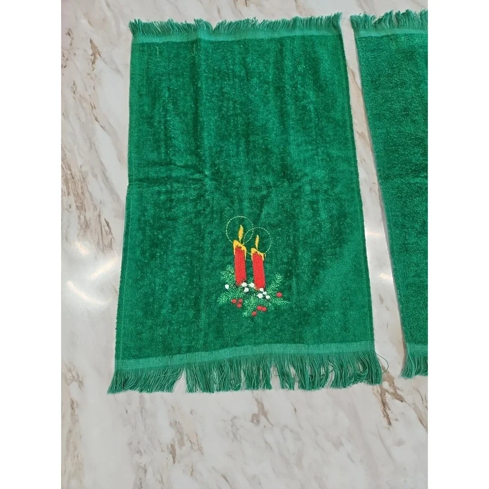 Two Vintage Cannon USA Embroidered Christmas Hand Towels Cotton Terry Fringe